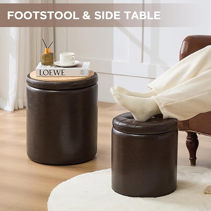 Round Set of 2 14.76" L x 14.76" W x 17.32" H Faux Leather Ottoman with Storage, Small Foot Rest Storage Ottomen with Lid Living Room, Bedroom Vanity Stool Chair, Coffee