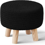 Wimarsbon Small Ottomans, 100% Hand Knitted Pouf Ottoman, Round Footrest with 4 Non-Skid Wood Legs, Boho Décor Cotton Rope Pouffe, Leisure Floor Step Chair for Living Room (Black)