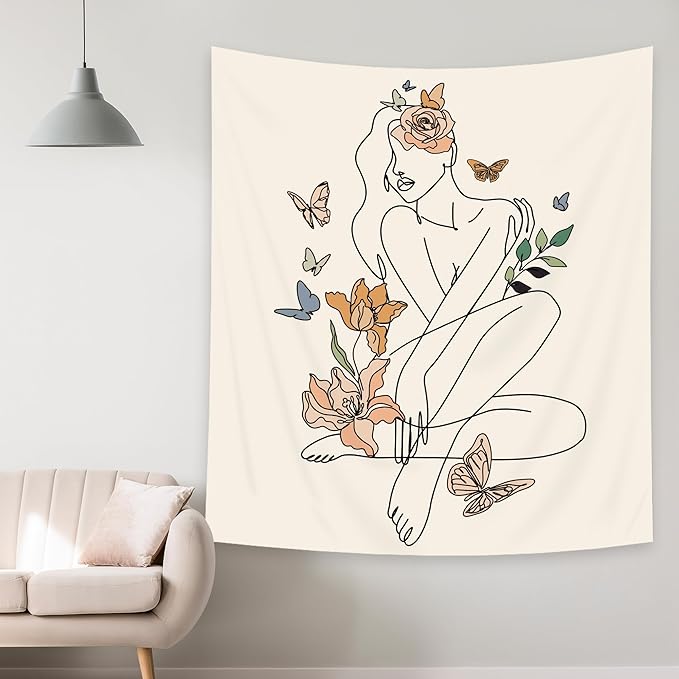 SVBright Abstract Woman Fabric Wall Hanging Tapestry 51Wx59H Inch Simple Modern Butterfly Flower Leaves Minimalist Art Line Plant Aesthetic Portrait Sketch Home Decor Art for Living Room Bedroom Dorm