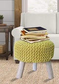 Luxurious Round Nautral Hand Knit Pouf Floor Ottoman 100% Cotton Braid Cord Wooden Foot Stool (Yellow, 20" x 20" x 20")