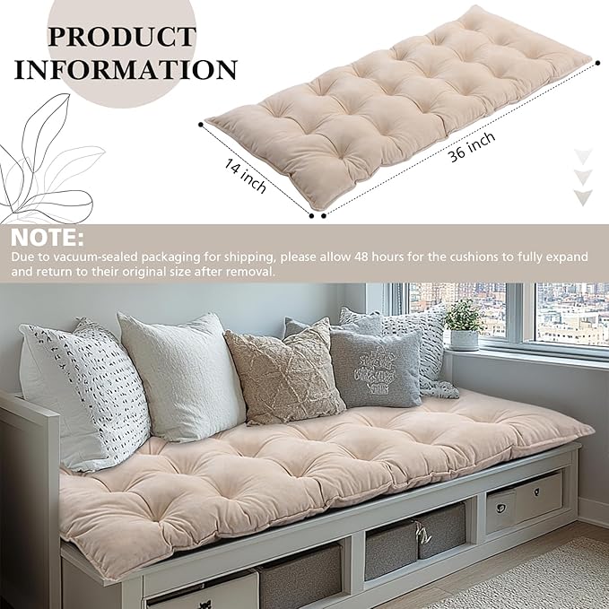 Bench Cushion for Indoor Furniture 36x14 in Velvet Thicken Indoor Window Seat Cushion, Soft Piano Sofa, Entryway Storage, Bay Window Tufted Patio Porch Swing Bench Pad Memory Foam(Ivory)