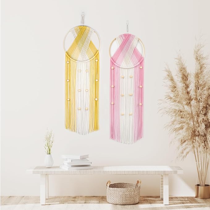 LB 2Pc Boho Macrame Wall Hanging Boho Aesthetic Wall Decor Pink and Yellow Hand Woven Cotton Macrame Wall Art with Wood beads Modern Tapestry for Home, Bedroom, Living Room