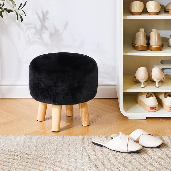 YMYNY Round Pouf Ottoman Small Foot Stool Faux Fur Foot Rest for Couch Modern Boho Footstools with Wood Legs for for Living Room Bedroom Office,12.6" D×12.6" W×12.6" H Black UHBD035B