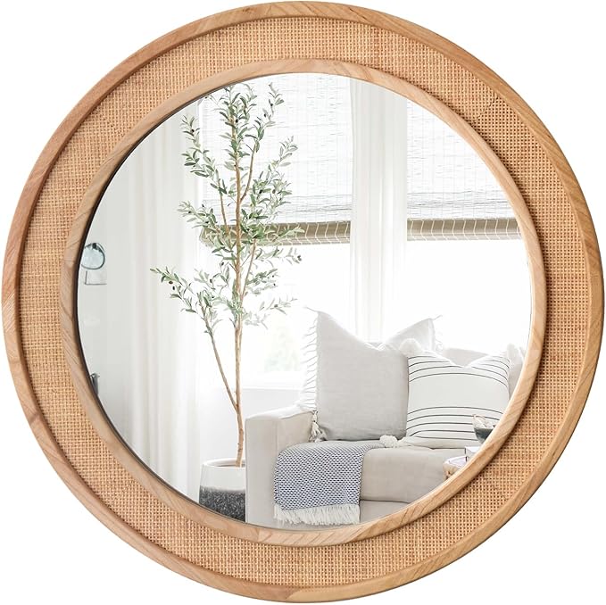 24" Round Rattan Mirror, Circle Wall Mirror, Farmhouse Wooden Vanity Mirror with Handmade Wicker Frame, Decorative Boho Mirror for Nursery Bedroom Living Room Entryway Nature