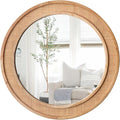 24" Round Rattan Mirror, Circle Wall Mirror, Farmhouse Wooden Vanity Mirror with Handmade Wicker Frame, Decorative Boho Mirror for Nursery Bedroom Living Room Entryway Nature