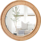 24" Round Rattan Mirror, Circle Wall Mirror, Farmhouse Wooden Vanity Mirror with Handmade Wicker Frame, Decorative Boho Mirror for Nursery Bedroom Living Room Entryway Nature