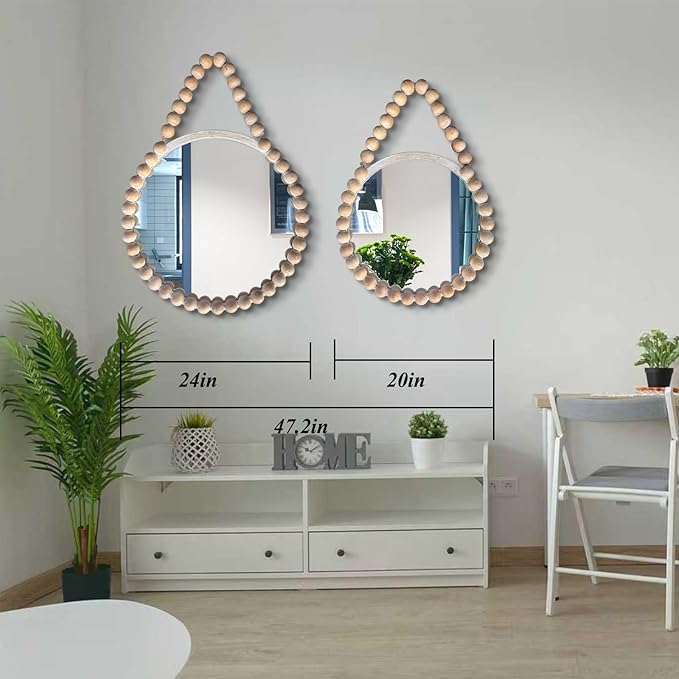 POZINO Wood Beaded Round Mirror, 24" Farmhouse Hanging Rustic Mirrors with Rope, Spherical Frame Rounded Wall Mirror, Boho Circle Mirrors for Bathroom Bedroom Living Room Hallway Entryway Fireplace