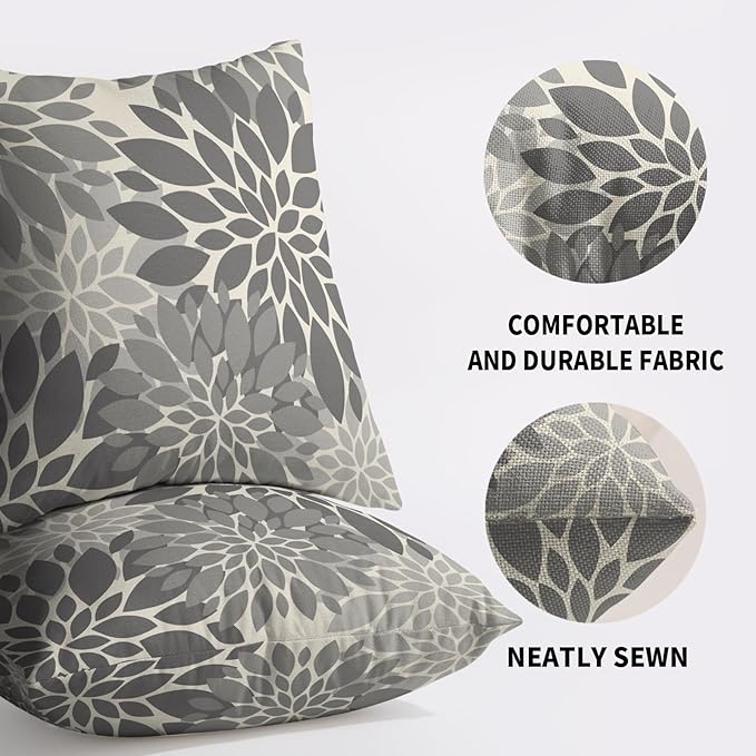 Grey Gray Pillow Covers 22X22 Inch Set of 2, Dahlia Flower Spring Summer Floral Cream Decorative Throw Pillow Covers Outdoor Modern Farmhouse Cushion Case for Home Couch Sofa Bed Decor