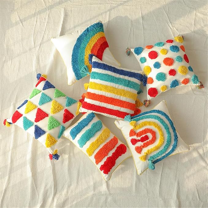 Colorful Throw Pillows Boho Throw Pillows Covers 18x18 Inch - Hand Tufted Cotton with Playful Tassels | Boho Multicolor Polka Dots Pattern| Vibrant Nursery Kids Room Decor Pack of 1,18" x 18" D