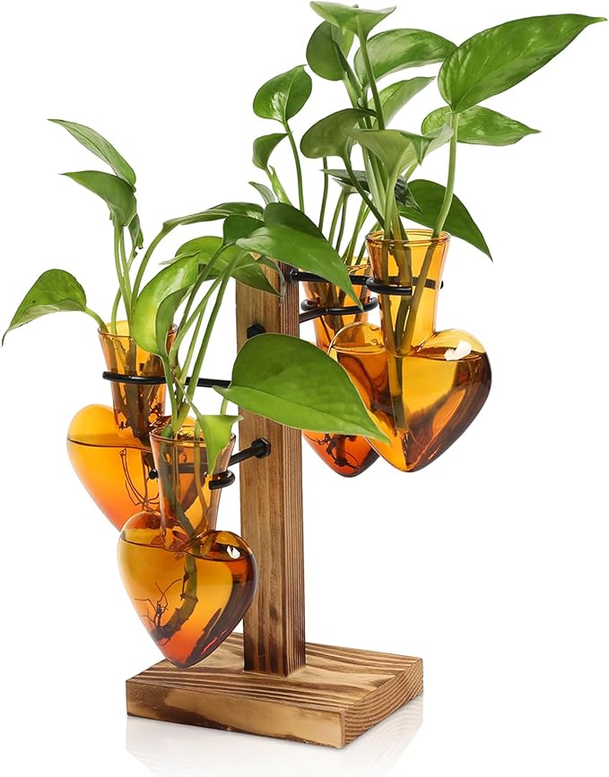 Plant Terrarium Propagation Stations with Wooden Stand, Glass Vase for Indoor Hydroponics Home Garden Office Decoration Gift for Women - 4 Love Bulb Vase