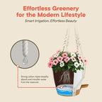 White Hanging Self Watering Pots with Macrame Ivory Rope, 3 Pack Indoor & Outdoor Hanging Plant Pots with Built-in Reservoir, Wick Rope, Drainage Holes & Hooks, Stylish Boho Decor Hanging Planter