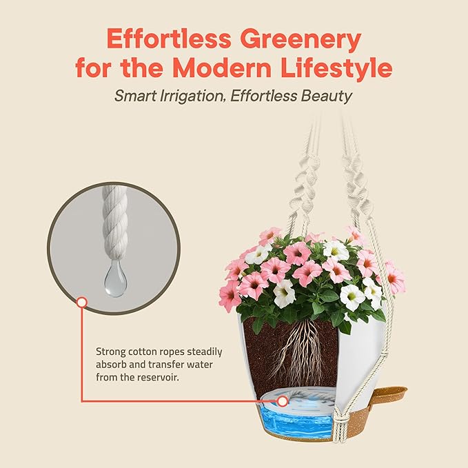 White Hanging Self Watering Pots with Macrame Ivory Rope, 3 Pack Indoor & Outdoor Hanging Plant Pots with Built-in Reservoir, Wick Rope, Drainage Holes & Hooks, Stylish Boho Decor Hanging Planter