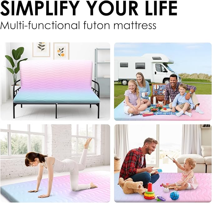Japanese Floor Futon Mattress, 3.5" Thicken Colorful Rainbow Portable Floor Mattress, High-Density Foam Tatami Mat Sleeping Pad for Camping Guest Room Dormitory RV, Full