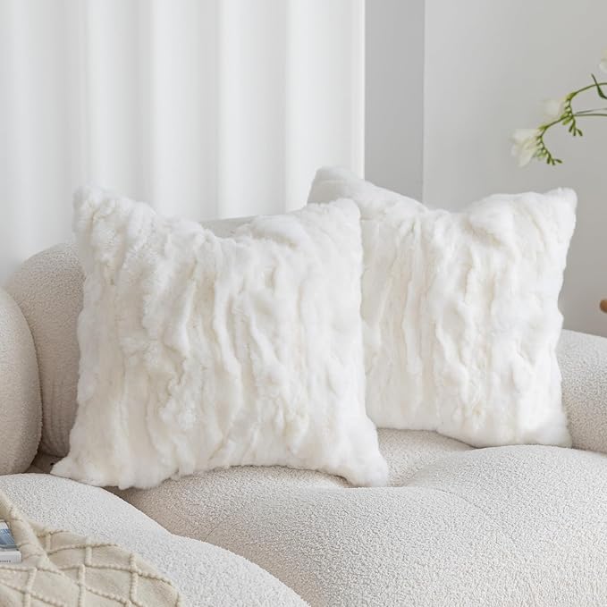 MOOX Rabbit Fur Throw Pillow Covers Decorative Fluffy Soft Fuzzy Plush Luxury Genuine Animal Skin Lumbar Pillow 18"x18" Cushion Cover, Couch White