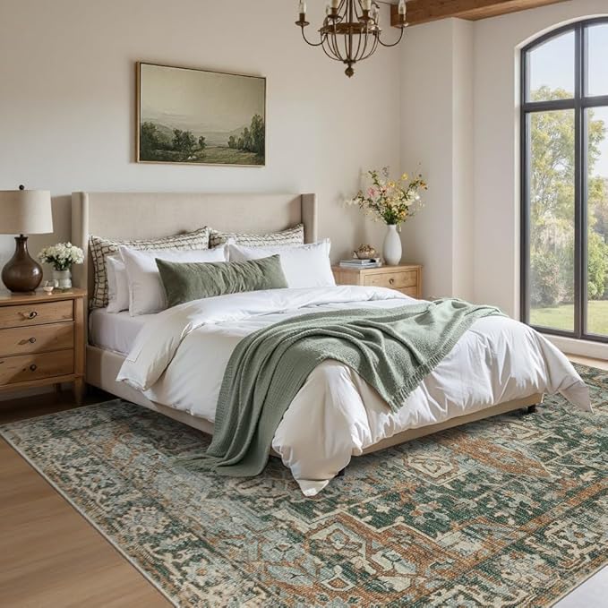 5x7 Area Rugs for Living Room Bedroom, Washable Rug, Green Vintage Retro Boho Rug, Non Slip & Low Pile Faux Wool Thin Carpet for Indoor Dining Room and Kids Room(Green/Brown 5x7ft)