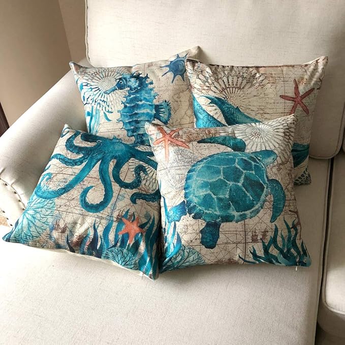 Mediterranean Style Throw Pillow Case Sea Theme Decorative Pillowcases Surtle Octopus Seahorse Whale Coastal Cushion Cover for18 X 18 Inch, 4Pack Nautical Pillow Covers for Summer Beach House Decor