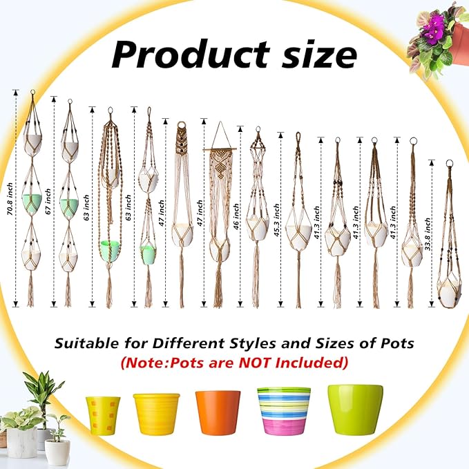 SATINIOR 12 Pcs Macrame Plant Hangers Handmade Boho Hanging Planters 12 Different Tiered Designs with 12 Hooks for Flower Pots Indoor Outdoor Decorative Wall Hanging Baskets for Home(Classic,Burlap)