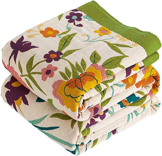 Boho Throw Blanket, 100% Organic Cotton Breathable Ultra Soft 80" x 90" Bed Quilt Throw - All Season Floral Rustic Farmhouse Decor Luxury Reversible Blanket for Sofa Couch Chair and Gift