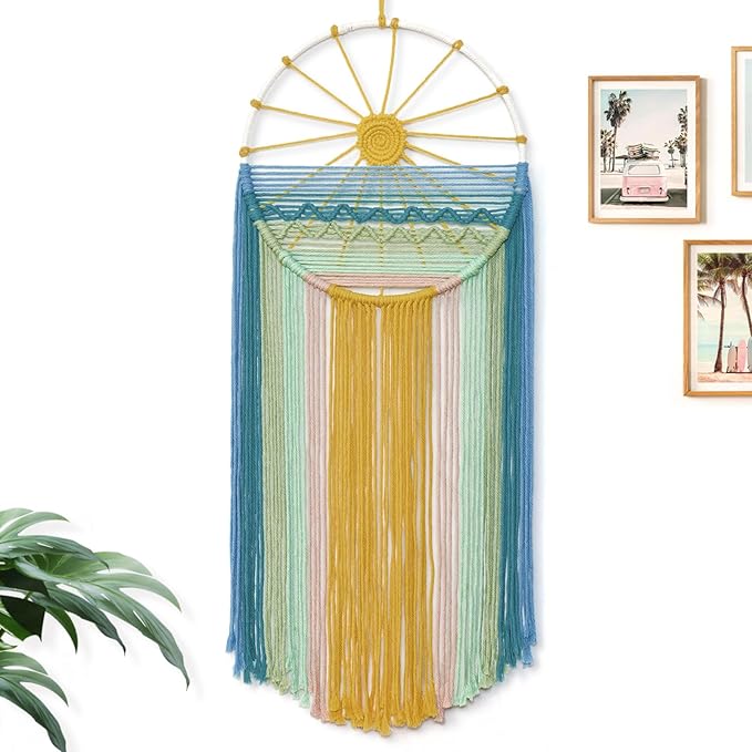 MEIVINES Macrame Wall Hanging,11.8x27.6 Inches Boho Sun Wall Art Decor,Woven Hanging Tapestry Tassels Handmade Colorful Tapestry for Bedroom Living Room Nursery Apartment