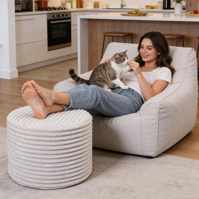 Round Pouf Ottoman, Stuffed Floor Pouf with Foam Chunk Filling, Soft Coral Fleece Furry Foot Rest Stool, Multi-Use Ottoman for Living Room, Wide Stripe Boho Decor, White