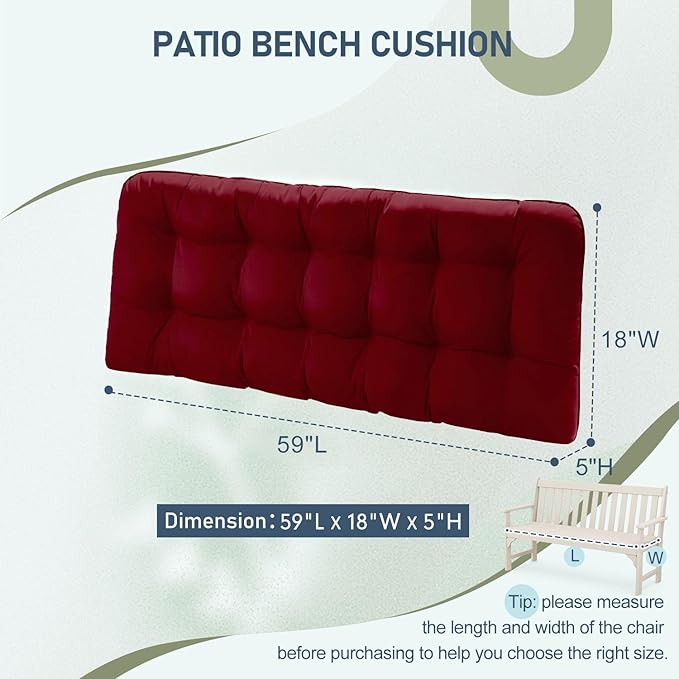 downluxe Outdoor Bench Cushion for Patio Furniture, Water Resistant Tufted Overstuffed Porch Swing Cushions, Thick Outdoor Loveseat Cushions, 59" x 18" x 5", Burgundy, Set of 1