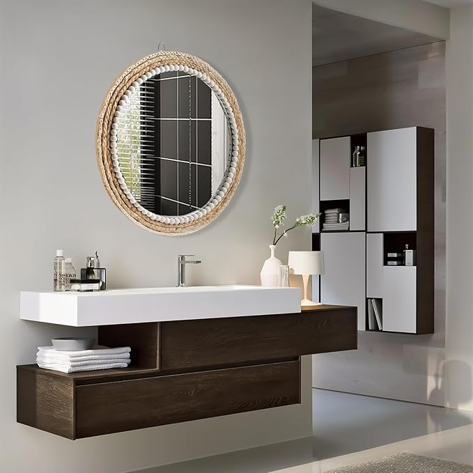 18 Inch Boho Wall Mounted Mirror,Decorative Round Rattan Hanging Wall Mirror，Suitable for Farmhouse, Living Room, Bedroom and Bathroom