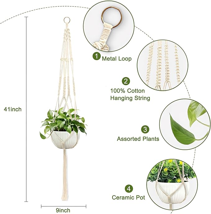 Macrame Plant Hanger, Hanging Planter Basket with Decorative Tassels, Decorative Flower Pot Holder for Indoor Outdoor Boho Home Decor, Set of 2 (Metal Hanging Ring)