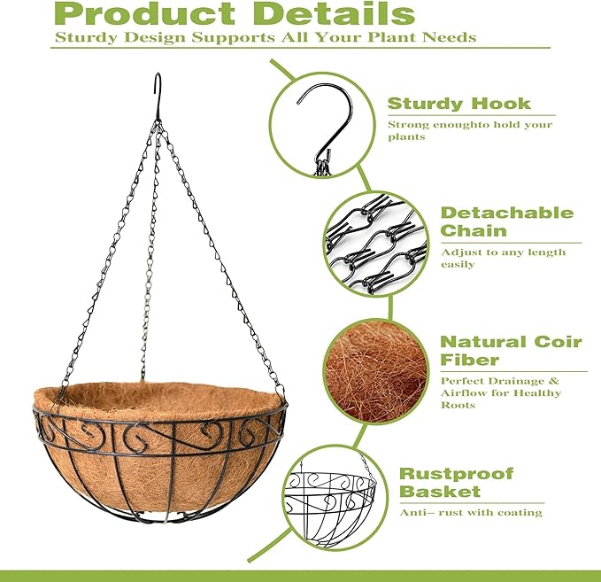 4 Pack 10 Inch Hanging Baskets for Plants Outdoor Metal Hanging Planter Hanging Flower Baskets with Coco Fiber Liners Chain Round Wire Plant Holder Hangings Flower Pots(Plaid)