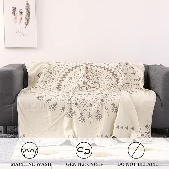 Boho Throw Blanket for Bed 100% Cotton Ultra Soft Rustic Quilt Spring Blanket Geometric Mandela Printed Farmhouse Decor Bed Blankets,80"x90" All Season Rustic Throw for Sofa Couch Chair
