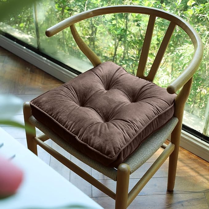 vctops Soft Velvet Chair Pads with Ties Comfy Solid Seat Cushion for Dining Chairs, Office Chairs, Hardwood Floors (Coffee, 16"x16")