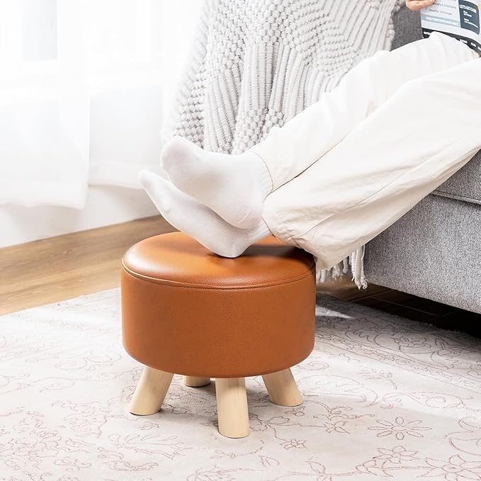 Asense Small Round Ottoman Foot Rest Stool Fabric Padded Seat Footstool Ottoman with Wooden Legs (Dark Orange,Fabric)