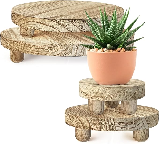 Wood Plant Stand Set of 4,mini Plant Stool 10 8 6 4 Inch, Wooden Display Risers Round Pedestal Counter Decor Holder Tiered Tray for Indoor Home Kitchen Patio Decoration (Light Brown-4pack)