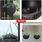 Keter Resin Rattan Set of 2 Round Hanging Planter Baskets for Indoor and Outdoor Plants-Perfect for Porches and Patio Decor, Graphite