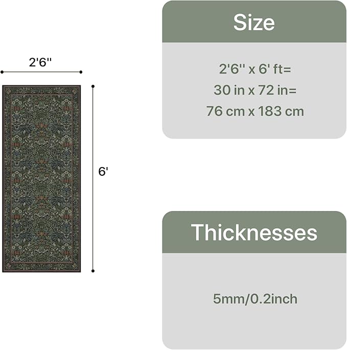 GENIMO Floral Washable Runner Rug 2’6”x6’, Non-Slip Long Hallway Carpet for Entryway, Kitchen, Indoor Floor Use, Vintage Boho Soft Thin Rug Décor, Dark Green