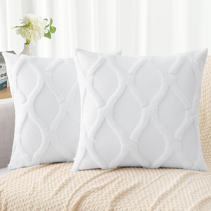 decorUhome Spring Throw Pillow Covers 18x18 Inch Set of 2, Soft Plush Faux Fur Wool Pure White Accent Couch Pillow Covers for Modern Farmhouse Bed Sofa Living Room