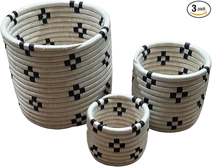African Planter Baskets Sets of 3 Woven Sisal Baskets for Indoor Plant Pots Covers Home Decor Storage Organizer Gifts Zen Designs Arts and Crafts (Natural and Black)