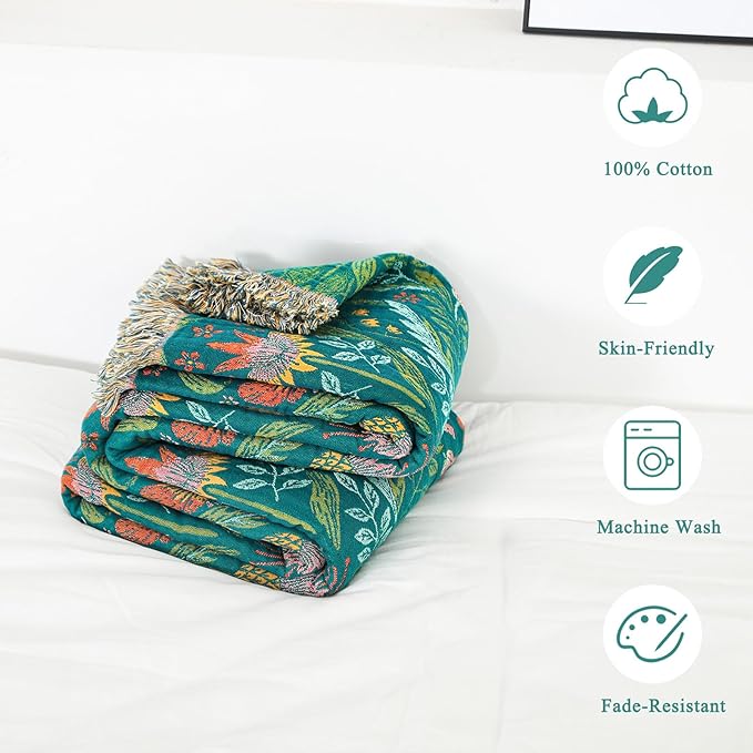 Boho Throw Blanket - 50"x60" 100% Cotton Soft Breathable Lightweight Bed Blanket, Reversible Muslin Spring Blankets Green Floral Farmhouse Decor Rustic Quilt for Bed Couch