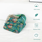 Boho Throw Blanket - 50"x60" 100% Cotton Soft Breathable Lightweight Bed Blanket, Reversible Muslin Spring Blankets Green Floral Farmhouse Decor Rustic Quilt for Bed Couch