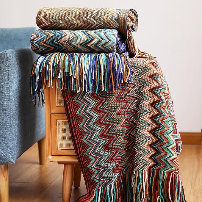 Boho Bohemian Throw Blanket for Couch Sofa Bed, Soft Cozy Lightweight Boho Blankets Knitted with Tassel, Decorative Blanket All Season 50x60 inches (Red)