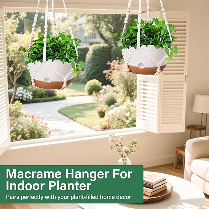 Hanging Planters for Indoor Plants, 2 Pack 10 Inch Self Watering Hanging Pots for Plants with Drainage Holes, Indoor Outdoor Hanging Flower Pots for Home Garden Ceiling Decor (White)