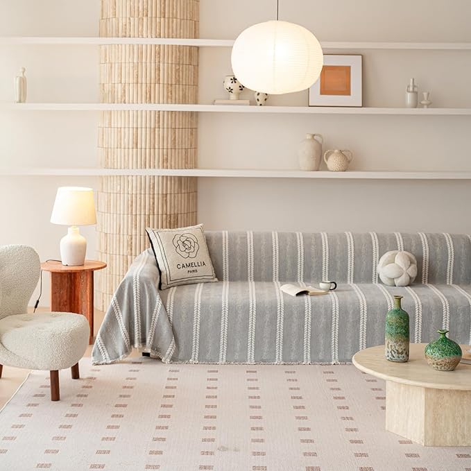 VClife Chenille Sofa Cover Bohemian Striped Pattern Couch Cover for Oversized Sofa - Gray Creamy White Textured Sofa Slipcover Washable Furniture Protector for Couch Decorative Couch Cushion Cover