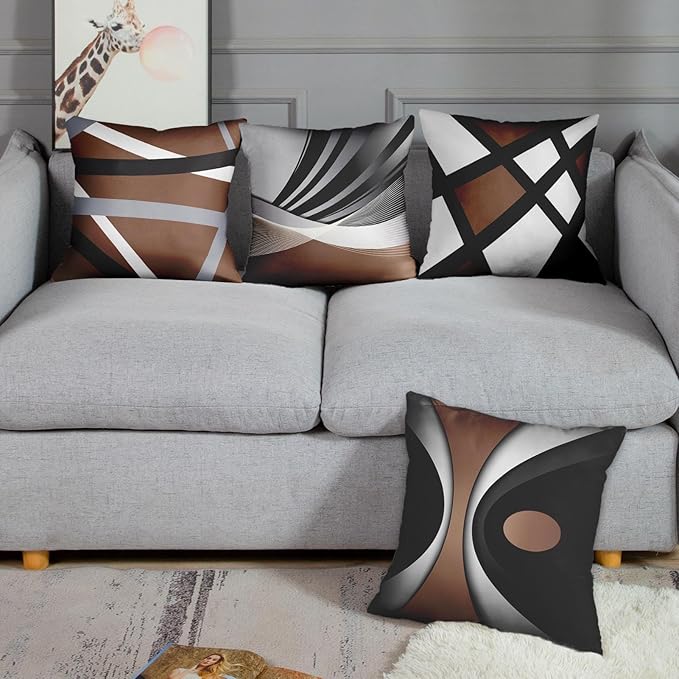 Emvency Set of 4 Brown Throw Pillow Covers Modern Abstract Black Grey White Stripes Acrylic Bold Decorative Pillow Cases Home Decor Square 18x18 Inches Pillowcases