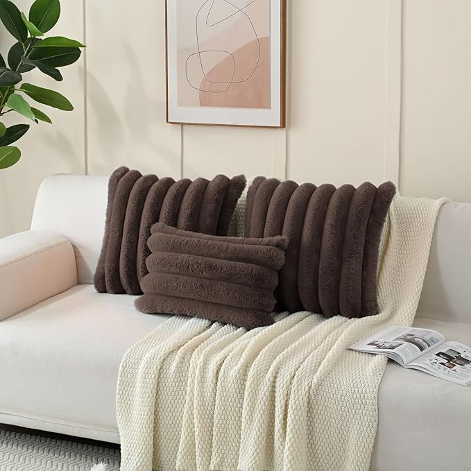 FUTEI Dark Coffee Decorative Throw Pillow Covers 12x20 Inch Set of 2, Square Soft Faux Rabbit Fur Big Striped Cushion Cover,Home Decor for Couch Sofa Bed Living Room