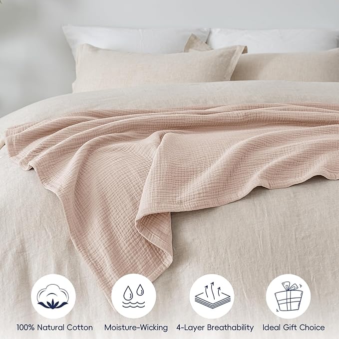 PHF 100% Cotton Muslin Throw Blanket 50" x 60", 4-Layer Lightweight Gauze Throw, Breathable Cloud-Soft Minimalist Blanket for Bed, Couch, Camping & Baby, Dusty Pink, Ideal Gift