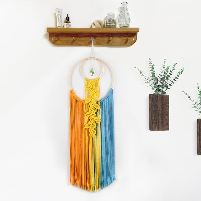 LB Boho Colorful Crystal Macrame Wall Hanging Boho Dream Catcher Yellow Hand Woven Leaf Tapestry Art Modern Aesthetic Tassel Wall Decor for Home, Bedroom, Living Room