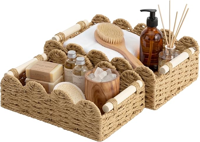 StorageWorks Toilet Paper Storage Basket, Living Room Organizers and Storage, Toilet Paper Basket with Wooden Handles, Small Paper Rope Scalloped Basket, Brown