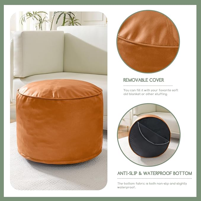 HIGOGOGO Round Stuffed Pouf Ottoman, Pu Leather Poufs with Foam Chunk Filling, Furry and Fluffy Pouf Foot Stool Storage Ottoman, 20 X 15 Floor Poufs Foot Rest for Living Room, Orange