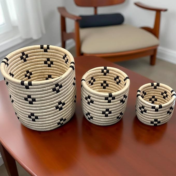 African Planter Baskets Sets of 3 Woven Sisal Baskets for Indoor Plant Pots Covers Home Decor Storage Organizer Gifts Zen Designs Arts and Crafts (Natural and Black)