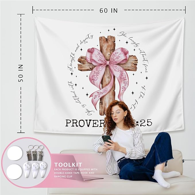 LIANGW Coquette Pink Bow Christian Tapestry Wall Hanging, Coquette Preppy Room Decor, Proverbs 31 Woman Gifts, Bible Verse Wall Blanket Decor for Girls Room Dorm Apartment, 50x60 Inch