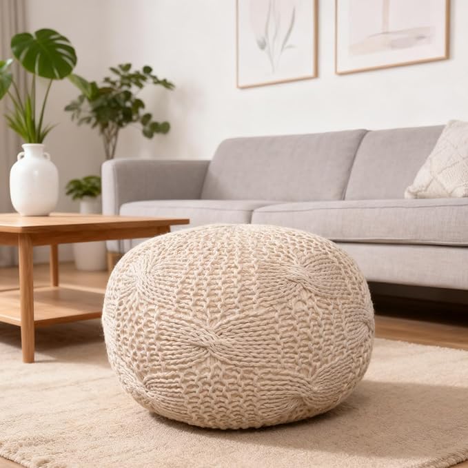 Round Pouf Ottoman, 18" Bordeaux Knitted Cotton Woven Round Pouf, Handmade Woven Bean Bag for Living Room, Floor Bag for Bedrooms, Home, Offices, Sofa Footrest (Beige - 2)